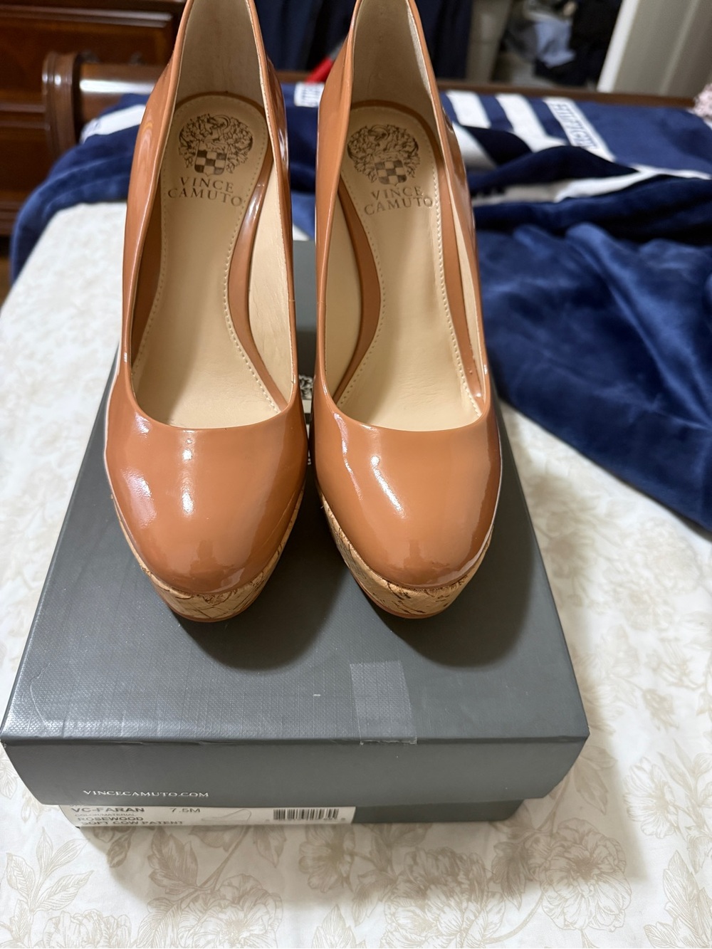 Vince Camuto Patent Platform Pumps in Cognac Patent